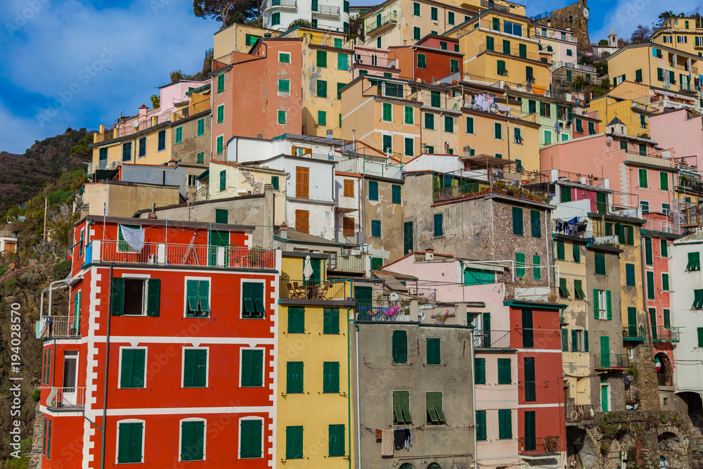 RIOMAGGIORE, ITALY - DECEMBER 22, 2017: Colorful town of Riomaggiore at Cinque Terre.