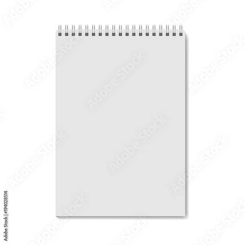 Realistic notebook template. Vector notepad mock up. Blanc vertical notebook with metallic spiral. Realistic copybook clean page with shadow on spiral binder. AI10