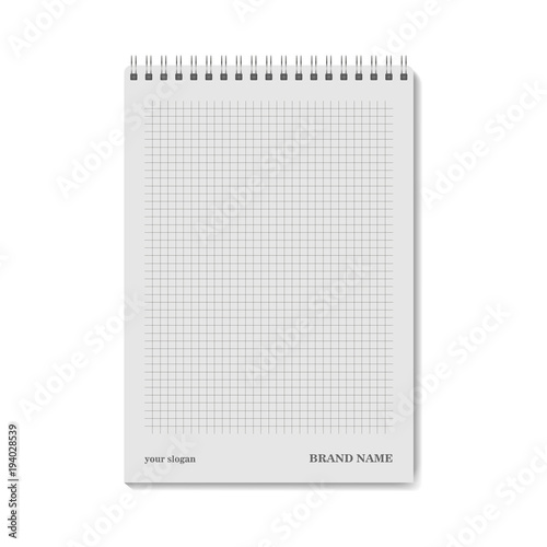 Realistic notebook template A5, grid cage 5 mm. Vector notepad mock up for business. Blanc vertical notebook with metallic spiral. Realistic copybook clean page with shadow on spiral binder. AI10