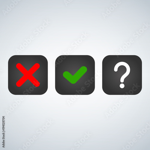 Question, red X and green tick check marks, approval signs design. Red X and green OK symbol icons in square check boxes. choice options, test, quiz or survey signs. vector illustration.