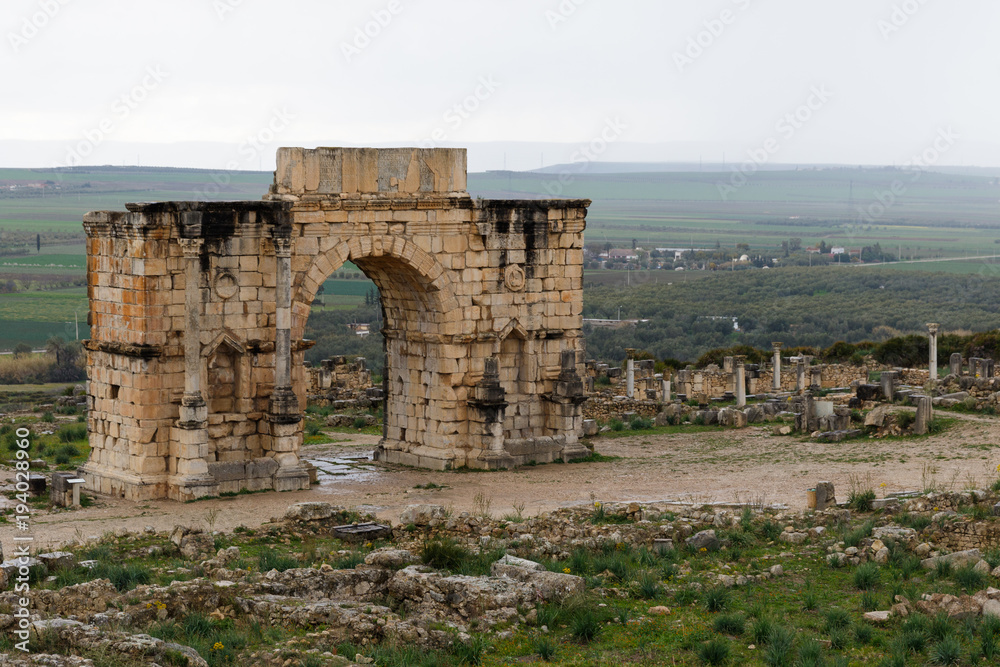 Volubilis near Meknes in Morocco. Volubilis is a partly excavated Amazigh, then Roman city in Morocco situated near Meknes.