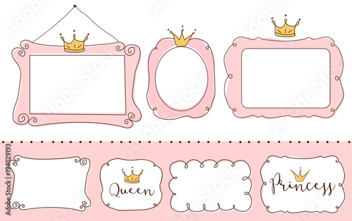 Set of cute doodle mirrors. Princess vector element of design. Pink frames with crown, tiara. Sketch hand drawn. Child's picture. Invitation birthday template. Baby shower girl card. Decorative border