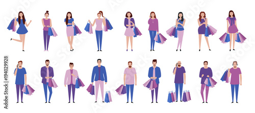 Set of characters and people shopping