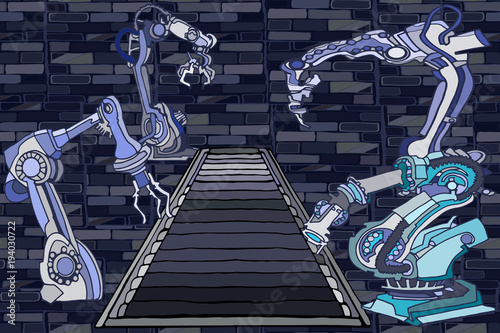 Vector seamless pattern with abstract decorative robot arms and conveyor belt. Industrial background illustrating industrial automation. Hand drawn.