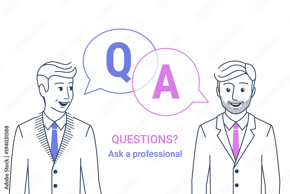 Consulting business advise. Smiling businessman and consultant talking with speech bubbles and letter q and a. Line vector illustration of consult expert for financial and analytics support and advice
