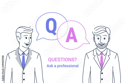 Consulting business advise. Smiling businessman and consultant talking with speech bubbles and letter q and a. Line vector illustration of consult expert for financial and analytics support and advice