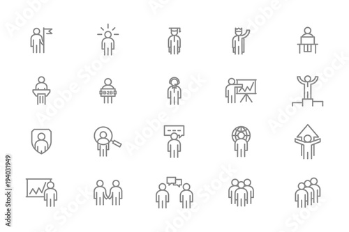 Set of vector human resources and business organization management line icons. Teamwork, presentation, customer support, b2b, search employees, SEO, company security, success and more.