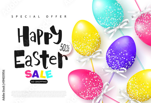 Happy Easter sale banner.Background with beautiful colorful eggs. Vector illustration for posters, coupons, promotional material.