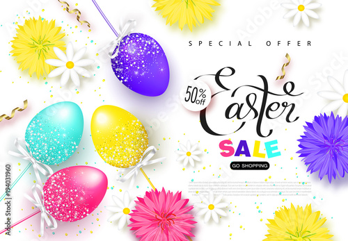 Happy Easter sale banner.Background with beautiful eggs,flowers and serpentine. Vector illustration for posters, coupons, promotional material.