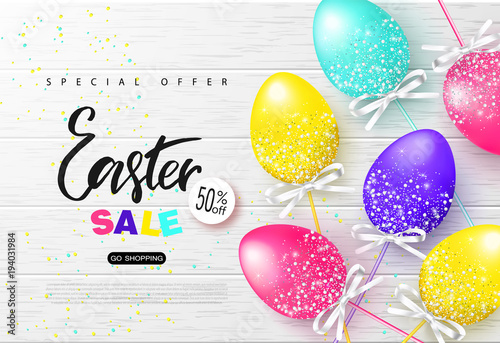 Happy Easter sale banner.Background with beautiful colorful eggs on wooden texture. Vector illustration for posters, coupons, promotional material.