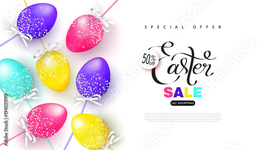 Happy Easter sale banner.Background with beautiful colorful eggs. Vector illustration for posters, coupons, promotional material.