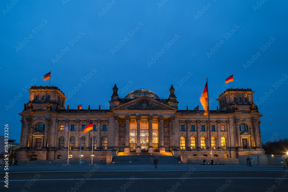 German parliament (Reichstag) building in Berlin, Germany. Night shot with illumination.