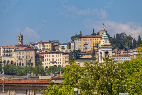 Old town view from bottom. Bergamo, Italy. Spring season, daytime.