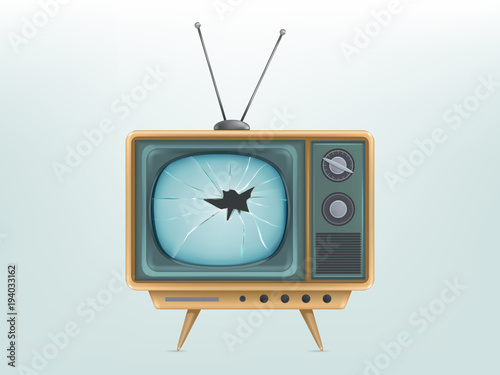 Vector illustration of broken retro tv set, television. Injured vintage electronic video display. Concept for broadcasting, news, communication, entertainment, technology. Media icon