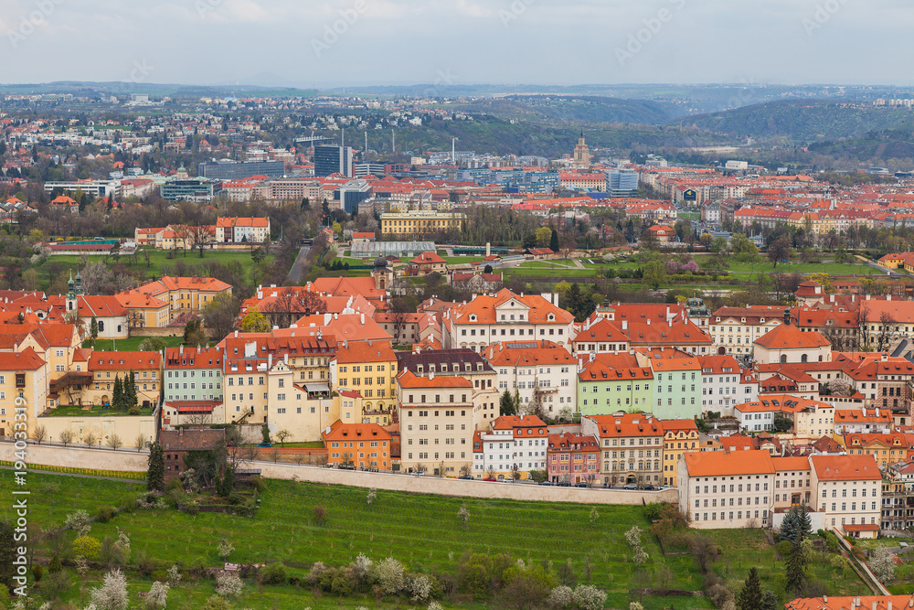 Panoramic view of old town with gardens and modern city at the background, Prague, Czech Republic