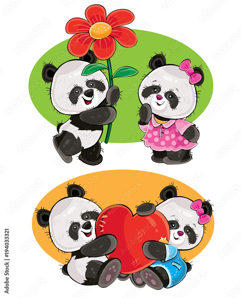 Vector cartoon set with a couple of panda bears in love, with soft red heart and Vector cartoon set with a couple of panda bears in love, with soft red heart and