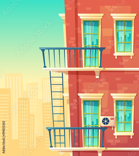Vector cartoon illustration of house facade element, multistoried building, city apartments, outside view. Red brick wall of dwelling house with windows, balconies, ladder, and railing