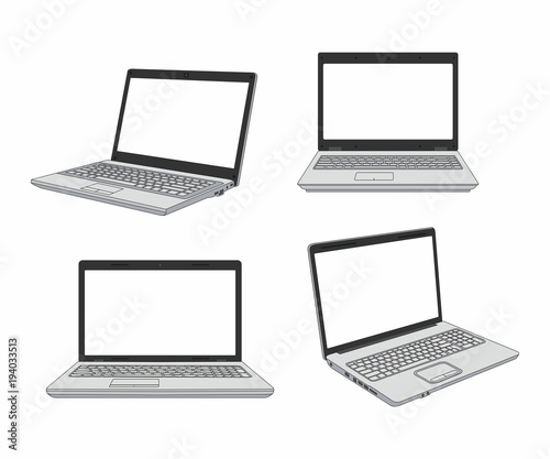  set of laptop in different angles. isolated on white background