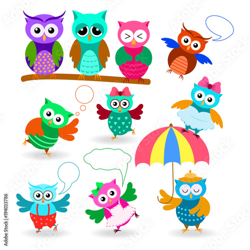 Funny cartoon owls set in different poses and emotions. Ows with speech bubble.