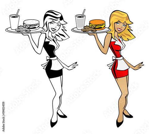 Cute waitress woman holding food tray with burger, fries and drink cartoon vector illustration