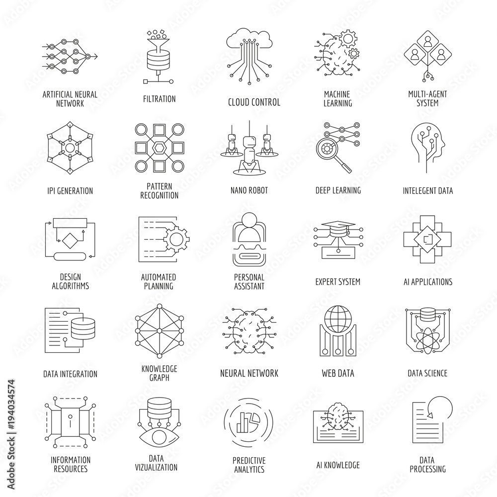 Neural network outline icons set. Vector illustration with neural networks, nano robot, artificial intelligence. Objects for AI design and web