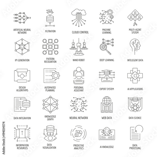 Neural network outline icons set. Vector illustration with neural networks  nano robot  artificial intelligence. Objects for AI design and web