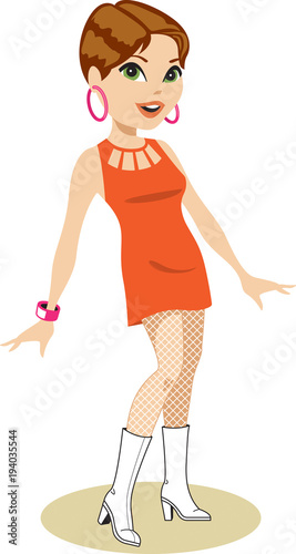 Pretty girl with pixie hairstyle, wearing 1960s outfit of bright orange cut-out mini-dress, pink jewelry, and white mid-calf go-go boots