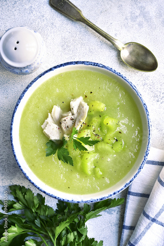 Celery soup with chicken.Top view.