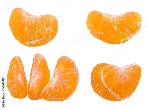 Fresh peeled mandarin orange segments isolated on white background with clipping path