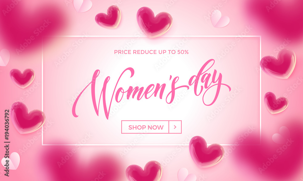 Women's day sale banner with ballon heart background. Vector 8 March sale poster for mother's day sale. International women's day discount offer pink background template