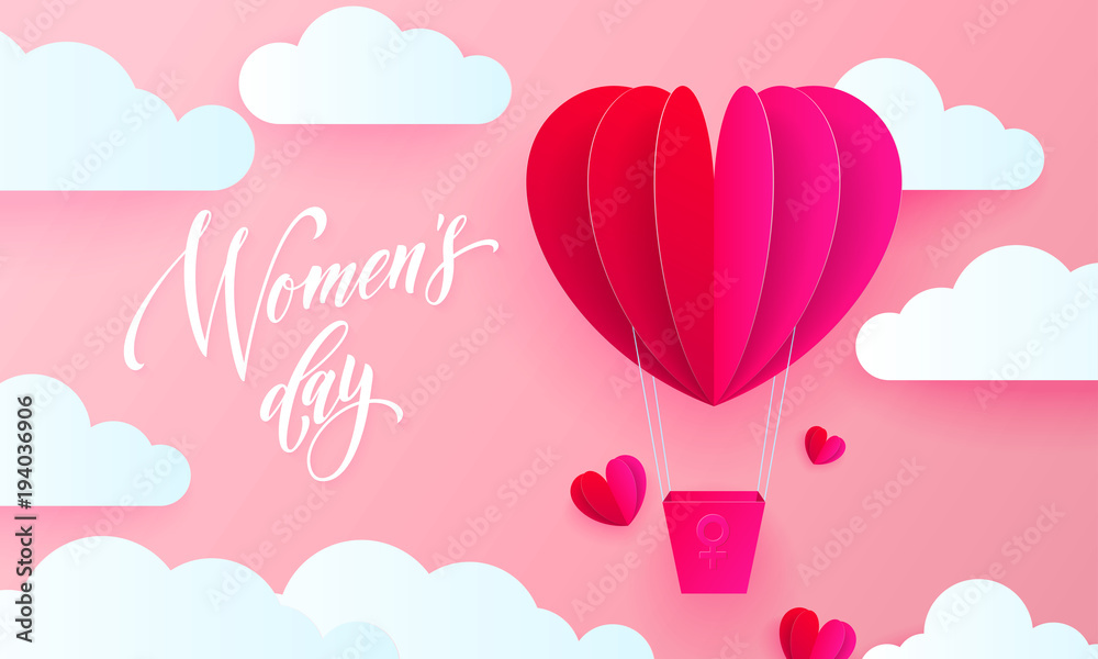 Women's day text on pink paper art heart balloon with gift box on white cloud pattern background. Vector 8 March greeting card for mother's day. International women's day background template Women's day text on pink paper art heart balloon with gift box on white cloud pattern background. Vector 8 March greeting card for mother's day. International women's day background template