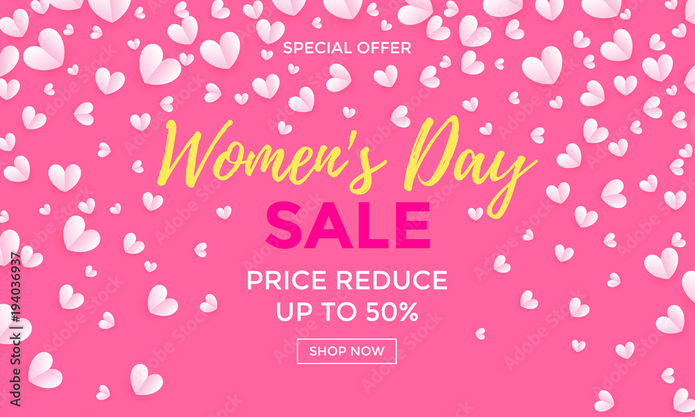 Women's day sale poster or banner for Mother's day holiday shop seasonal discount offer. Vector International Women's Day on 8 March design template of white hearts pattern on pink background