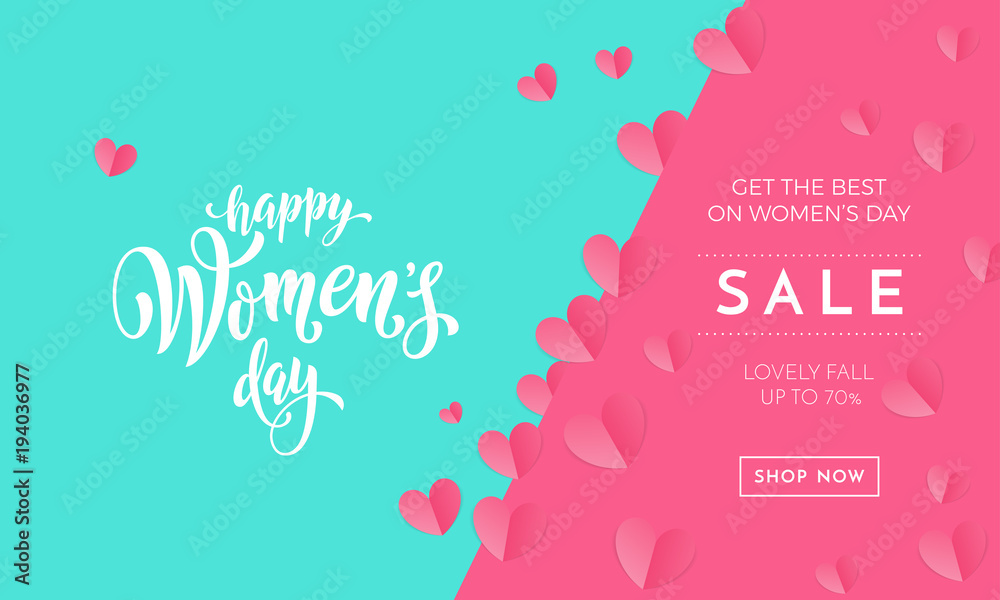 Women's day sale poster or banner for Mother's day holiday shop seasonal discount offer. Vector International Women's Day on 8 March design template of pink hearts pattern on green and pink background