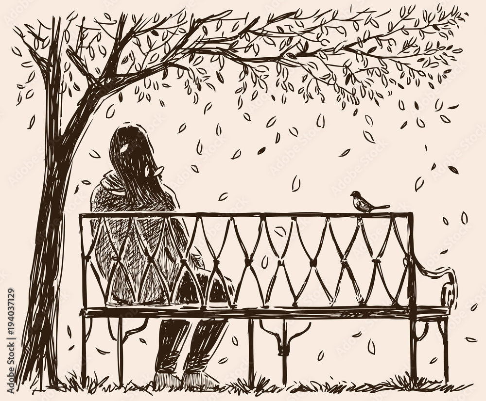 A lonely girl sits o a bench in an autumn park Stock Vector Adobe Stock
