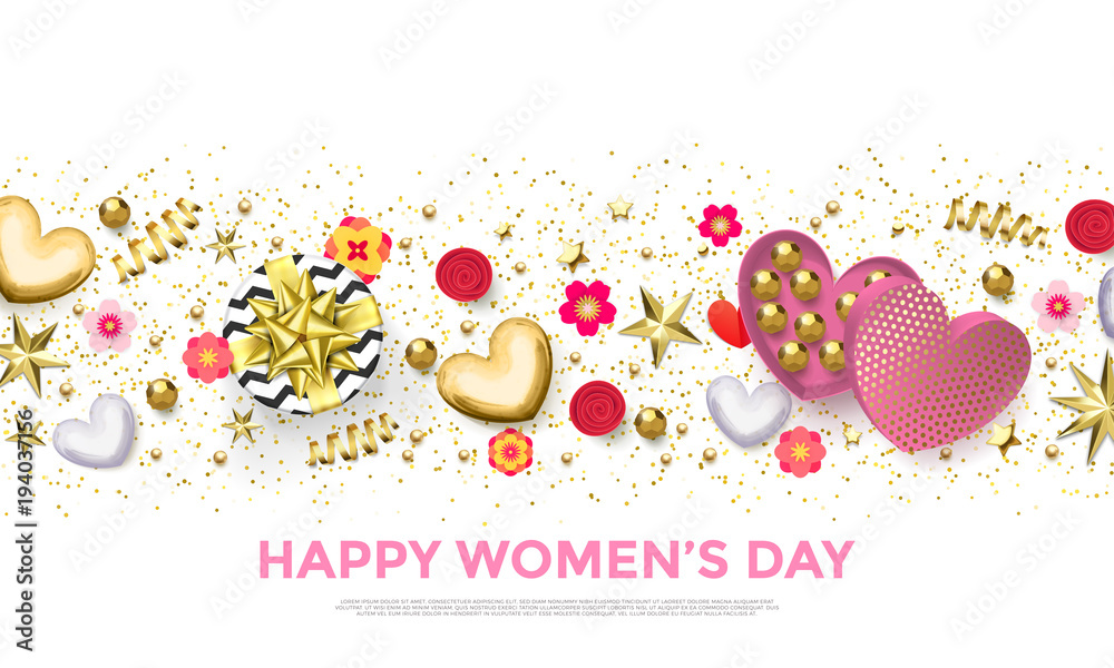 Women's day greeting card banner of gold heart, gift box decoration with chocolate candy in golden wrapper background for 8 March. Vecto Happy Womens Day background design for poster, banner, flyer