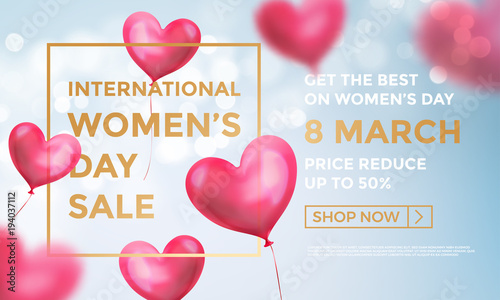 Women's day sale web banner of red heart balloons in light shine on blue background. Vector Women's day sale golden text for holiday shop discount promo design template of heart air ballons on 8 March