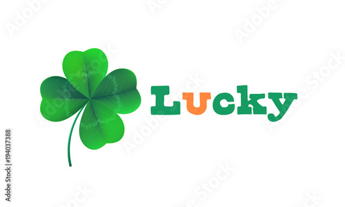 Happy Saint Patrick's day card with Lucky text and shamrock clover symbol on white background. Vector St Patrick lettering for Feast of Saint Patrick festival day. Irich holiday greeting card