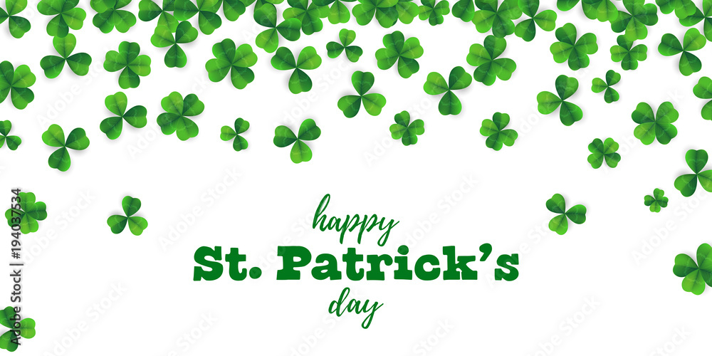 Patrick day background with vector four-leaf clover pattern background. St Patrick day card with lucky fower-leafed green background. Irish beer festival. Vector green grass clover pattern background Patrick day background with vector four-leaf clover pattern background. St Patrick day card with lucky fower-leafed green background. Irish beer festival. Vector green grass clover pattern background