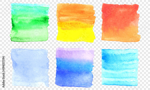 Vector watercolor banner set. Color square smear of watercolour splash stain on transparent background. Round hand drawn watercolor background with yellow, blue, red, pink, orange, green ink color.