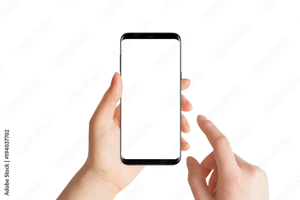 Isolated hands and smartphone on white background. Female hand holding modern black phone in vertical position. - obrazy, fototapety, plakaty 