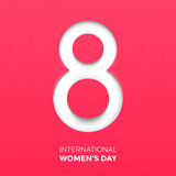 Paper cut out number Eight for 8 March International Women's Day card. Happy Womens Day vector paper cut out number Eight on pink red background. Trendy 3D mothers day greeting card template