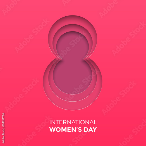 8 March papercut illustration for International Women's Day card. Happy Womens Day vector paper cut out number Eight on pink red background. Trendy 3D mothers day greeting card template