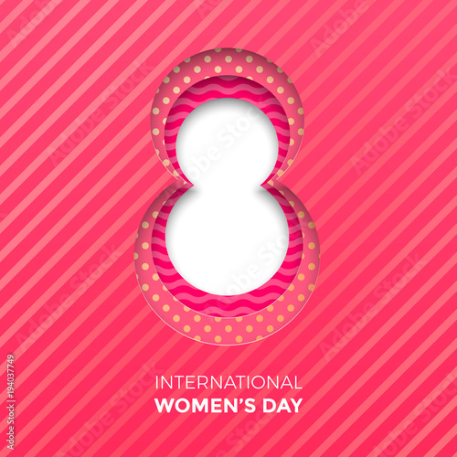 8 March papercut illustration for International Women's Day card. Beautiful happy womens day vector paper cut out number Eight on pink red background. Trendy 3D mothers day greeting card template
