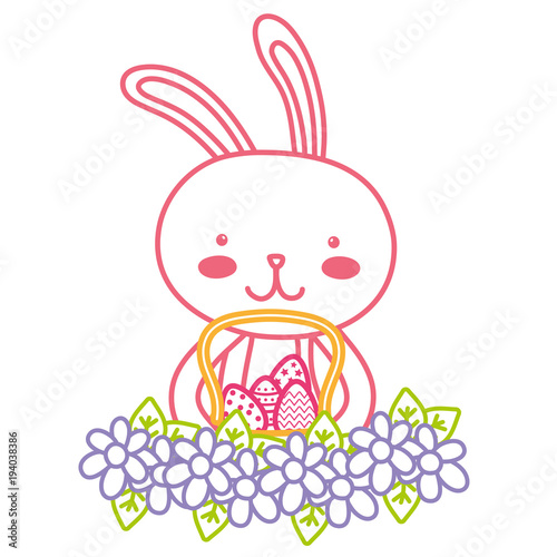 neon line rabbit animal with eggs easter inside hamper and flowers design