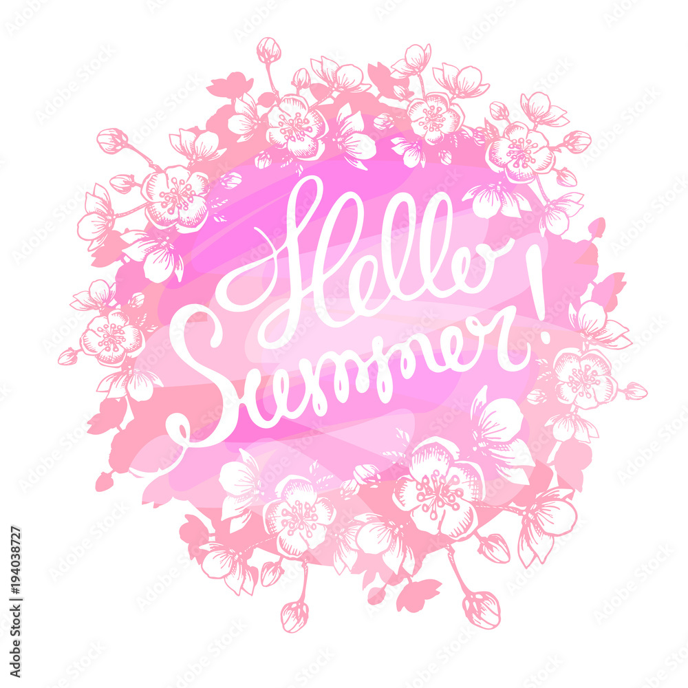 Hello Summer typographical background and flowers