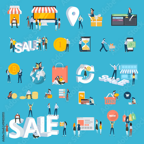 Set of flat design style people icons. Vector illustration concepts for online shopping, ecommerce, sale, online payment, bitcoin, shopping, mobile and web app, m-commerce, e-banking, social media.