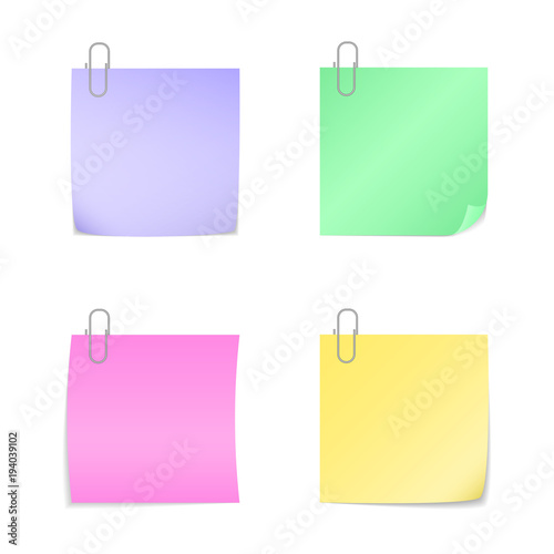 Set of colorful vector paper stickers pieces for messages on banners, posters, ads. Bright backgrounds with paper clips for information to memorize or important notes.