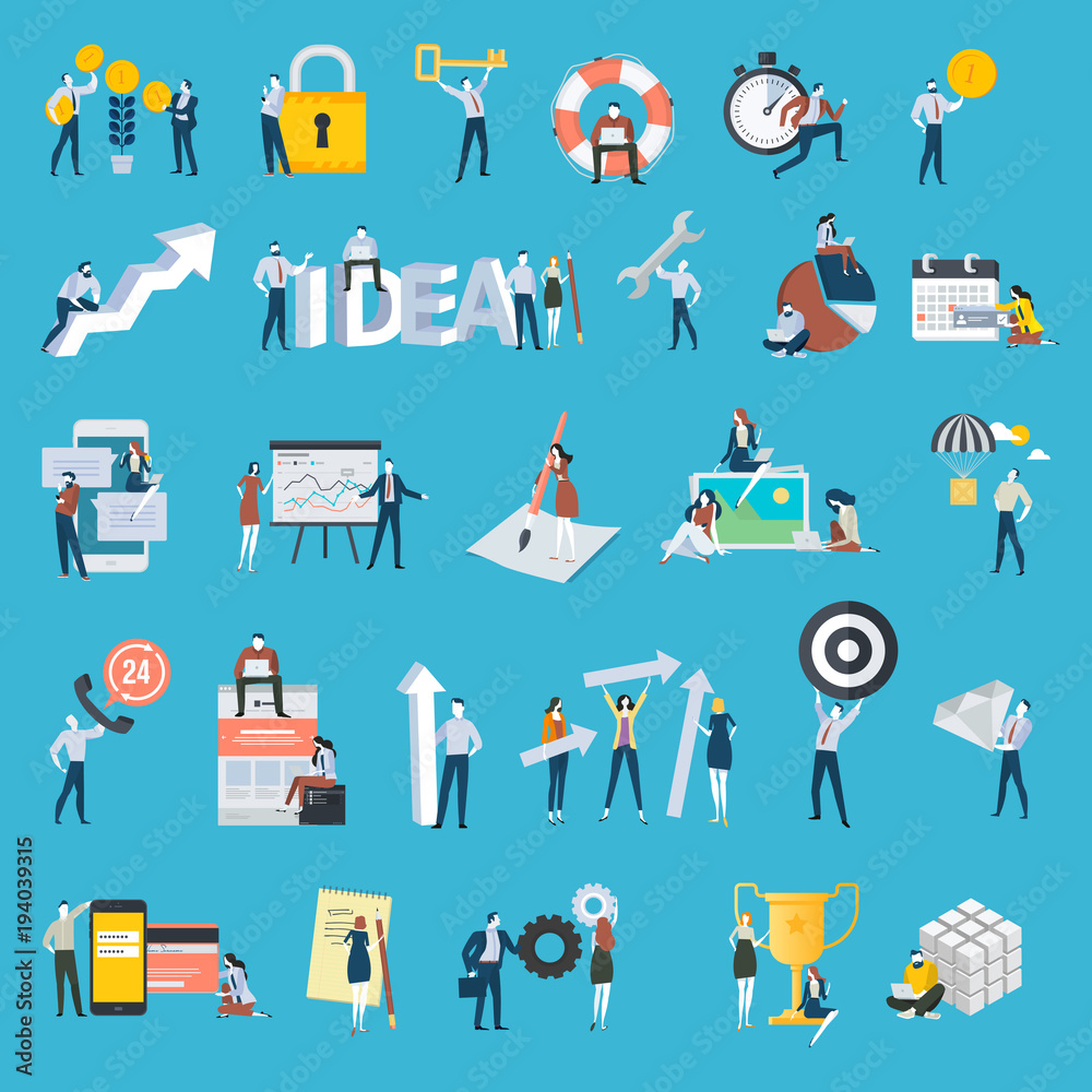 Set of flat design style people icons. Vector illustration concepts for business, big idea, teamwork, technical support, e-banking, investment, management, planning, social media, securuty, success. Set of flat design style people icons. Vector illustration concepts for business, big idea, teamwork, technical support, e-banking, investment, management, planning, social media, securuty, success.