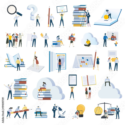 Flat design people concept icons isolated on white. Set of vector illustrations for education, e-learning, online training and course, education app and cloud, investments in education, science, ebook