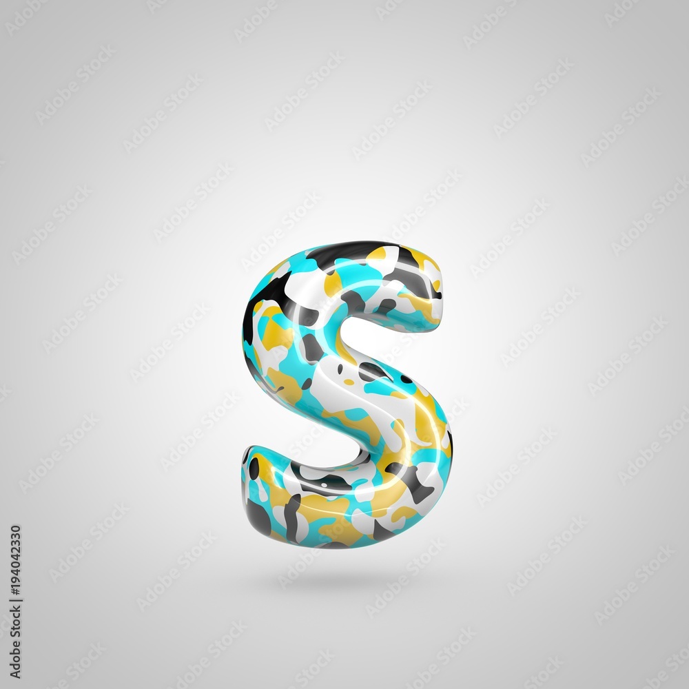Naklejka premium Camouflage letter S lowercase with cyan, black and yellow camouflage pattern isolated on white background.